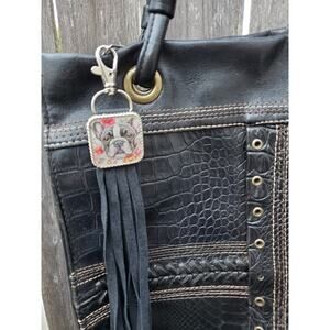 Handmade boho French bulldog Leather Fringe Western bag charm, Long keychain